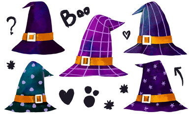 Wizard and witch magic hat. Cartoon hand drawn illustration on isolated background