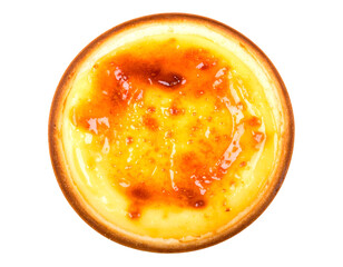 Cheese tart top view with brûlée caramelized custard, golden crust and glossy surface on isolated background