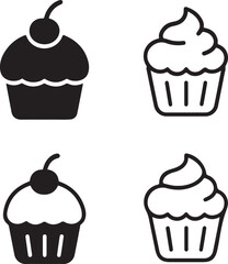 Cherry cupcake icons, cupcake cream icons, solid cherry cupcake, line cupcake cream, filled cupcake design, thin stroke cupcake minimal, black vector isolated set