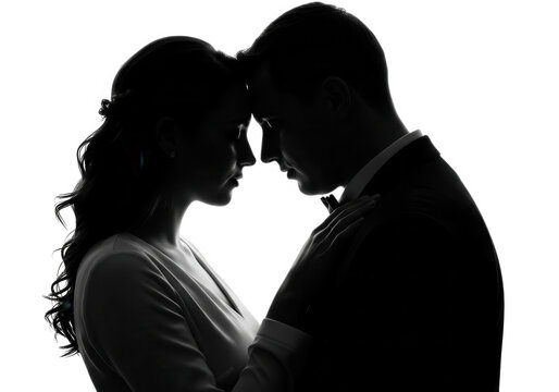 Romantic silhouette of a couple embracing in dramatic low light capturing intimate connection transparent background
