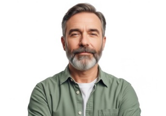 Mature man with gray beard and mustache posing confidently in casual attire close up portrait transparent background