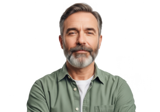 Mature man with gray beard and mustache posing confidently in casual attire close up portrait transparent background
