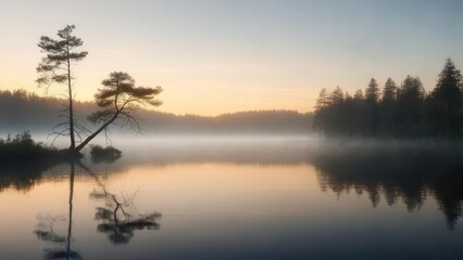 Tranquil lake at dawn with trees silhouetted in the mist, creating a serene landscape scene