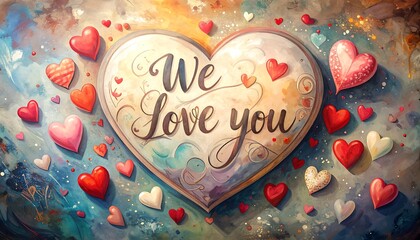A heartwarming illustration showcases the words "We Love You" written in elegant script, surrounded by numerous heart-shaped objects in various shades of pink, red, and white.