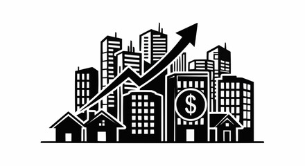 Fototapeta premium Real estate market growth illustration with upward trend arrow and city skyline, depicting property value increase, investment, and financial success