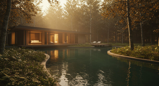 Cozy minimalist house at dawn, harmonizing with nature