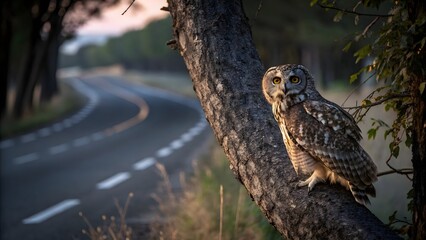 Close-Up of Owl Perched on Roadside Tree Branch with Dimly Lit Road in Background