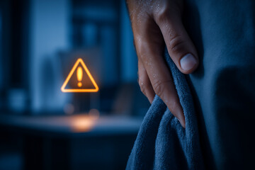 Close-up of a sweaty hand holding fabric with a glowing warning sign, symbolizing workplace anxiety, stress, and burnout in a digital office environment.