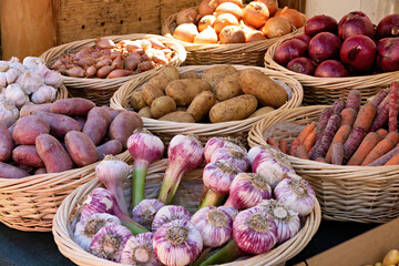 Market stall with fresh vegetables and fruit in Saint Tropez, Cote d'azur, France, French Riviera