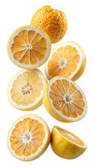 Obraz premium A vibrant collection of fresh citrus fruit slices and segments artfully arranged isolated on transparent background