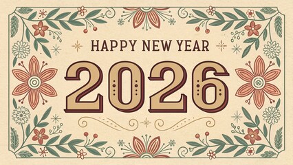 Vintage Happy New Year 2026 Postcard with Floral and Botanical Ornaments

