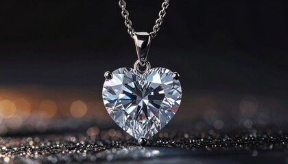 Fototapeta premium Sparkling Heart Shaped Diamond Pendant Necklace on Dark Background.