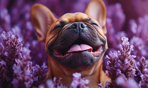 A happy French Bulldog puppy surrounded by lavender flowers