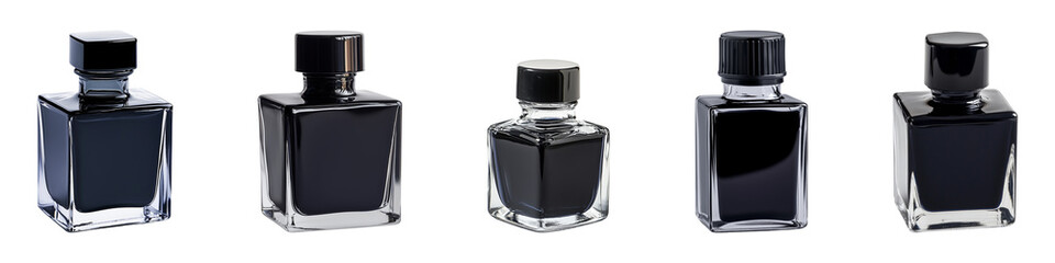 Several sleek glass bottles hold luxurious dark fragrance, set on transparent background