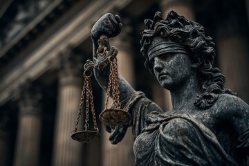 Closeup of Weathered Lady Justice Statue Holding Scales Outdoors