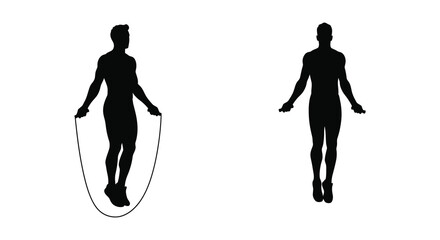 Two black silhouettes demonstrate jumping rope and a standing pose