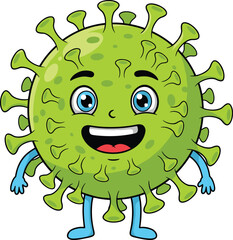 cartoon virus character, green microbe with arms, smiling germ, friendly pathogen, kids clipart, medical illustration, educational design