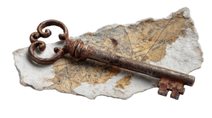 A single old rusty key with old rusty map isolated on white background 