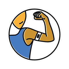 A black and white illustration of a persons arm with medical band on bicep within a circle.