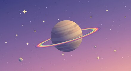 Naklejka premium A solitary ringed planet in a pastelcolored starry expanse, pixel art style