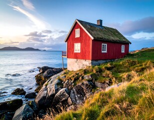 Red cabin by the sea at sunset
