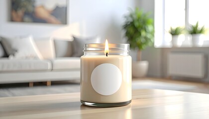 Candle jar with round sticker mockup, blurred living room background