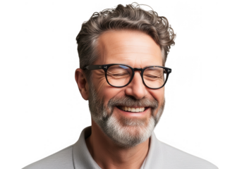 Smiling man with glasses and beard portrait wearing a light colored shirt transparent background