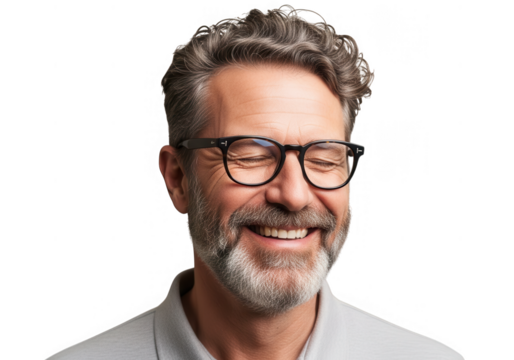 Smiling man with glasses and beard portrait wearing a light colored shirt transparent background