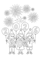 Fototapeta premium Christmas and New Year coloring page for kids, cute holiday line art illustration, Santa Claus, reindeer, Christmas tree, presents, and festive decorations