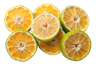 A vibrant cluster of freshly sliced bergamot oranges revealing their juicy pulp and textured rind isolated on transparent background