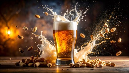 Beer glass splashing with foam and flying peanuts