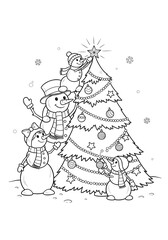 Fototapeta premium Christmas and New Year coloring page for kids, cute holiday line art illustration, Santa Claus, reindeer, Christmas tree, presents, and festive decorations