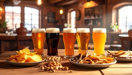 Beer tasting flight with snacks on wooden pub table