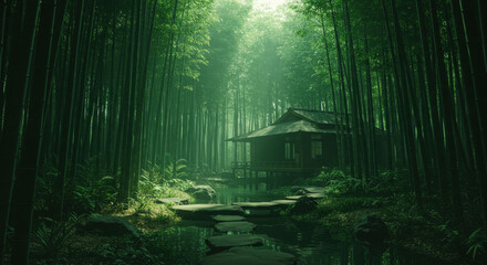 Enchanting bamboo grove with zen house and winding walkway in tranquil nature