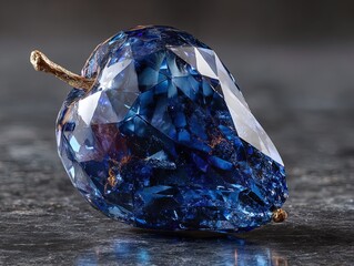 stunning close-up of a deep blue sapphire pear on polished black granite - perfect for a cinematic sports interior poster, featuring ultra-detailed 8k graphics and captivating reflections!