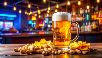 Cold beer mug and snacks in a pub