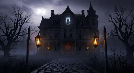Obraz premium Haunted House at Night Spooky Mansion Halloween scene Dark and mysterious Digital illustration