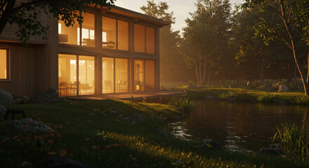 Fototapeta premium Contemporary home surrounded by trees, illuminated by golden sunset light