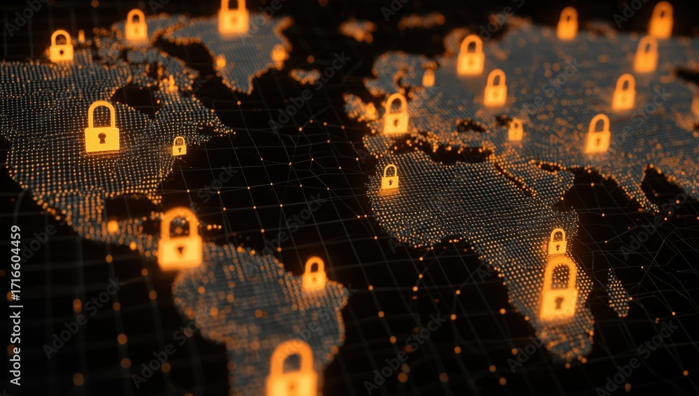 Poster a digital map of the world with glowing padlock icons scattered across various areas, symbolizing a 