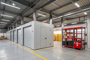 Inside a large warehouse with storage units and shelving systems