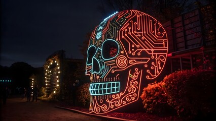 Neon Cyber Skull AI Artwork with Digital Circuits