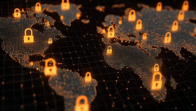 a digital map of the world with glowing padlock icons scattered across various areas, symbolizing a global security network's protection Generative AI - Powered by Adobe