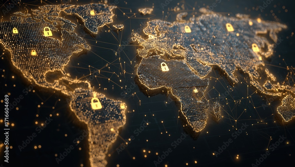 Poster a digital map of the world with glowing padlock icons representing a global security network, set ag
