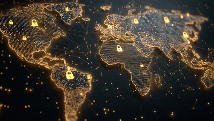Obraz premium a digital map of the world with glowing padlock icons representing a global security network, set against a dark background Generative AI