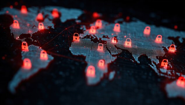 a digital map of the world with glowing padlock icons representing global security network connections concept for a cyber website design Generative AI