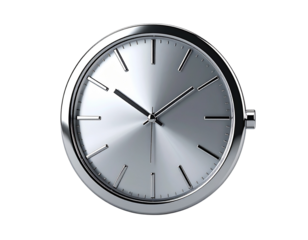 Silver 3D clock icon, front view, highly detailed metallic finish with soft studio re