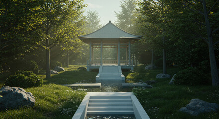 Peaceful stone walkway leading to traditional pavilion in idyllic zen garden