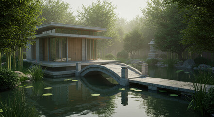 Elegant Japanese tea house by pond with iconic oriental bridge and forest backdrop