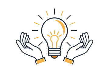 Minimalist vector illustration of two hands sketching a glowing light bulb with a pen, symbolizing creativity, brainstorming, innovation, imagination, and idea generation. Perfect for business present