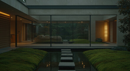 Minimalist modern courtyard with glass walls, moss garden and stone water feature
